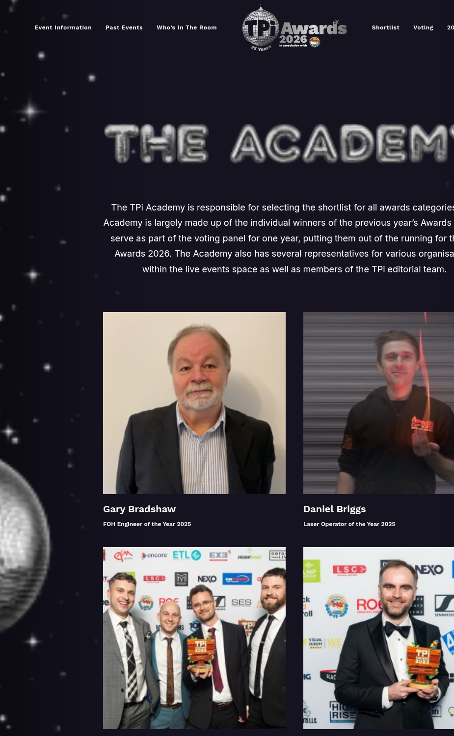 TPi Awards Academy page screenshot with academy faces